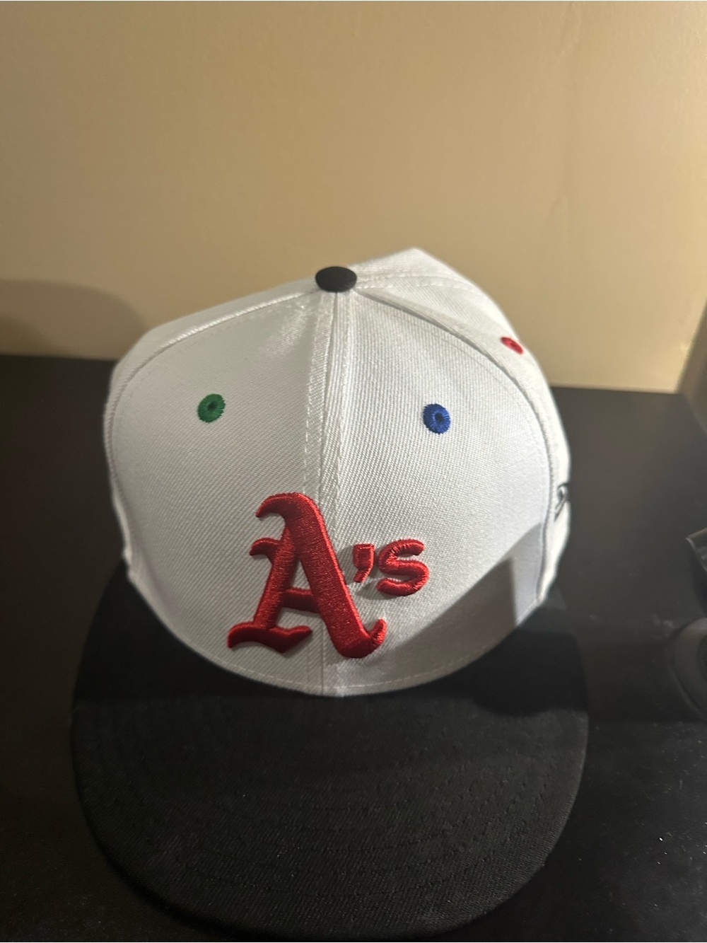 White & Black Kids Baseball Cap with Red 'A's Logo